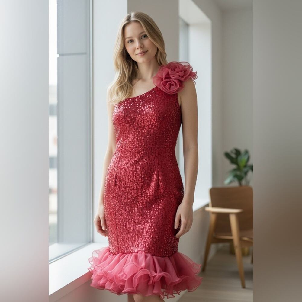 FAERIESTY NWOT 3XL One-Shoulder Red Sequin Cocktail Prom Dress with Ruffle Hem